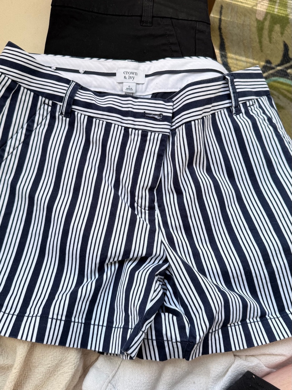 crown & ivy Navy and White Vertical Stripe Bermuda Shorts